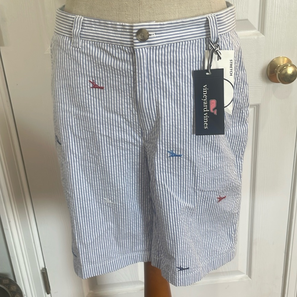 Vineyard vines breaker shorts boat seersucker ocean breeze blue boys size 18 new